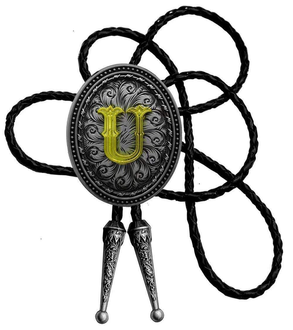 6770 Bolo Tie Silver Initial Letter A to Z In Western Cowboy Oval Medal